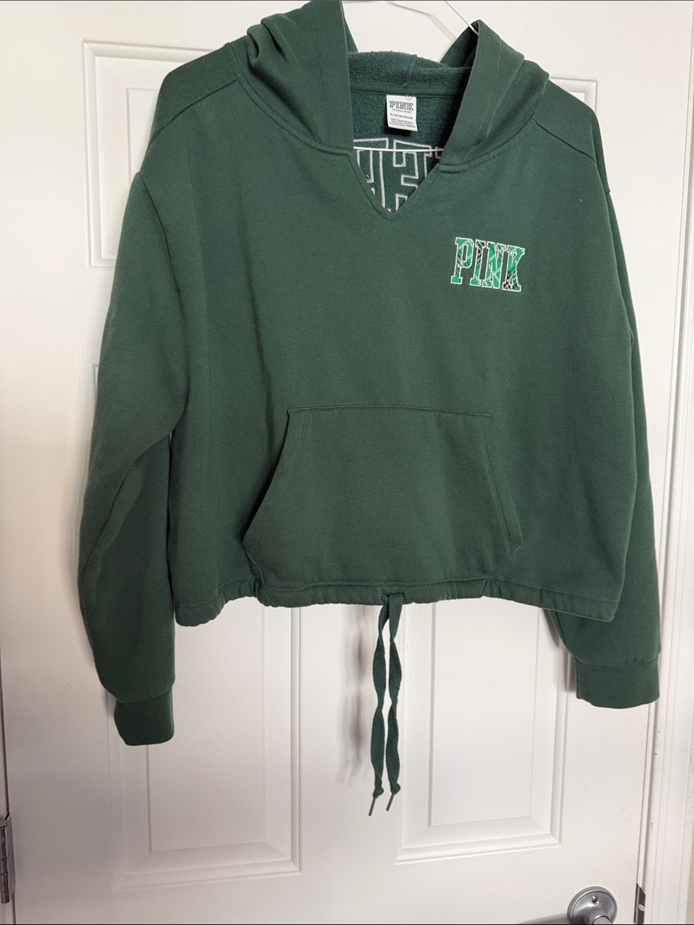 PINK Victoria's Secret Forest Green Pullover Hooded Sweatshirt, size XL, Cotton